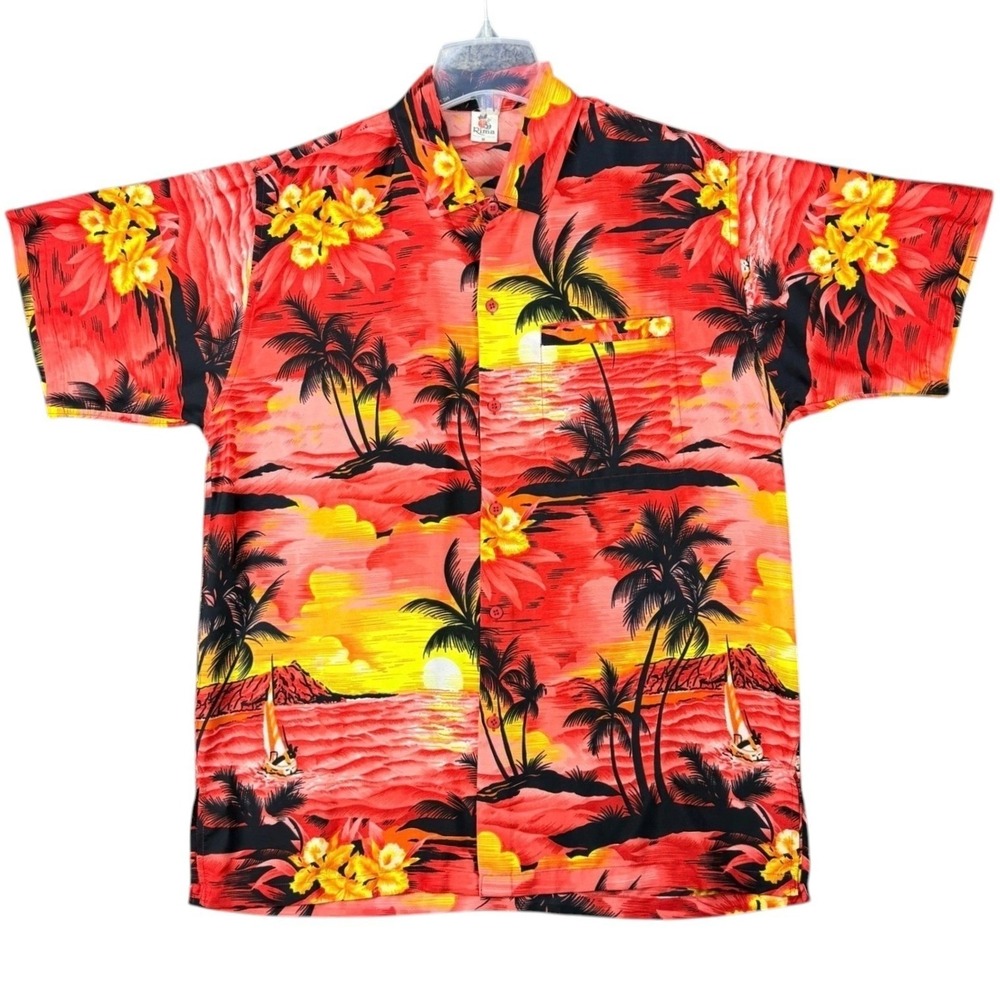 Rima Mens Size M Caribbean Shirt Hawaiian Orange Tropical Palm Tree Beach Sunset